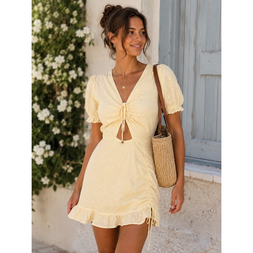 Runaway The Label Yellow Swiss Dot Cutout Mini Dress Small Cotton Ruched Ruffle